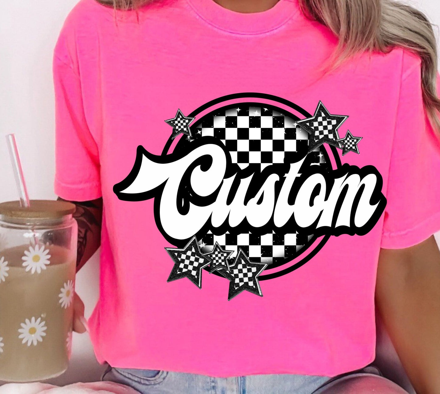 Custom Checker & Stars Design T-Shirt