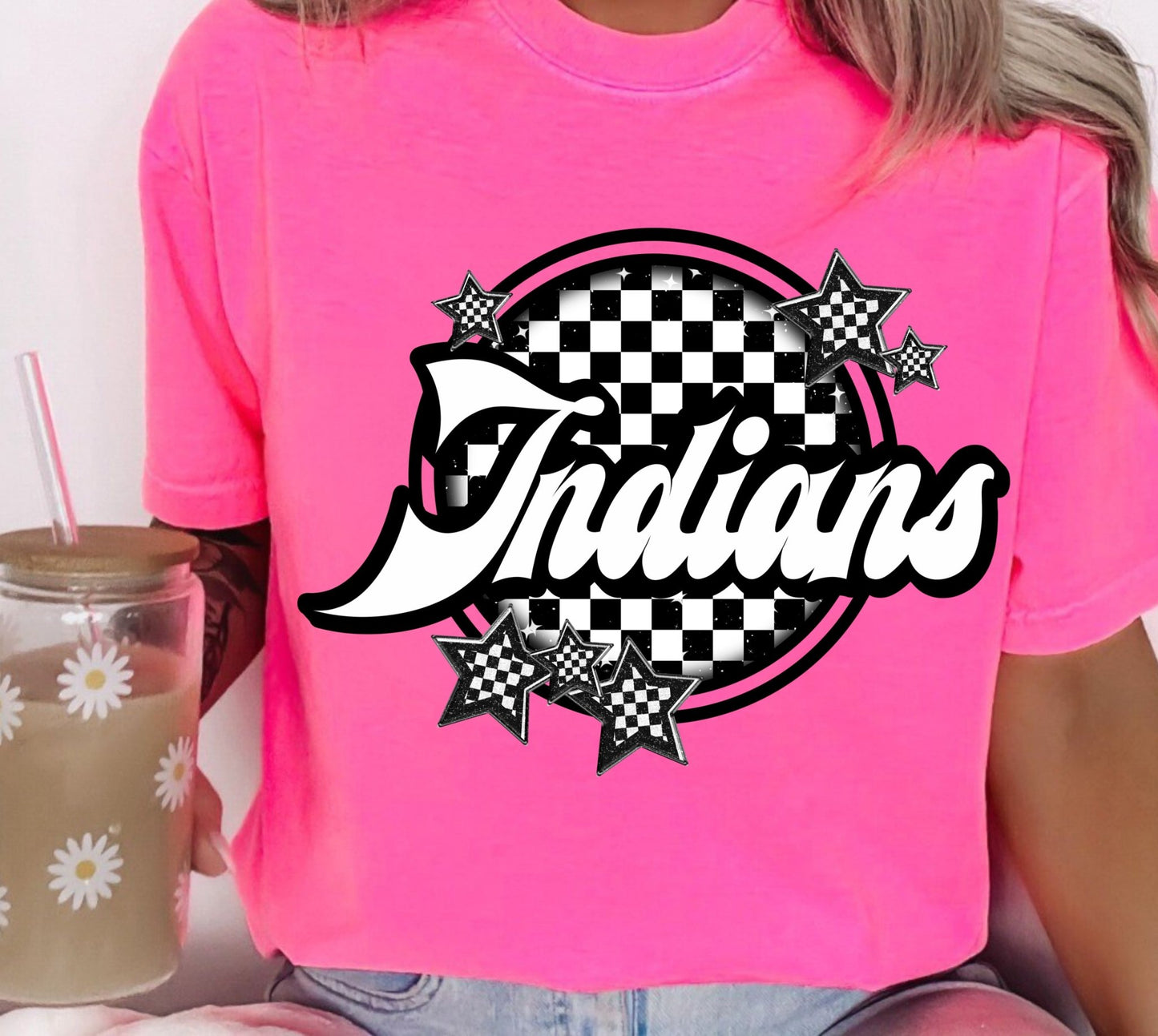 Indians Checker & Stars Design T-Shirt